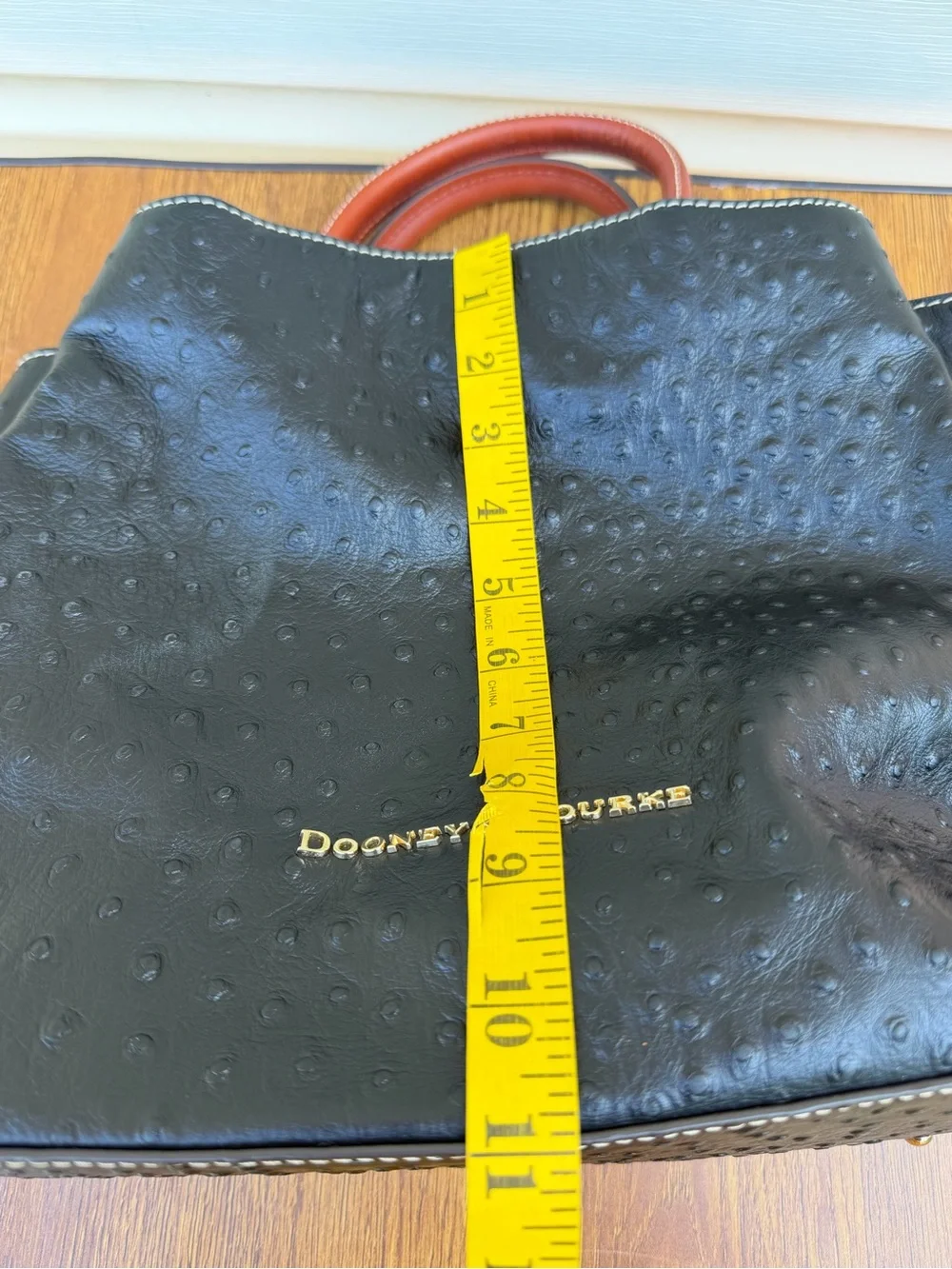 Dooney & Bourke Ostrich Embossed Leather Satchel Tote Black Brown M/L Bag
